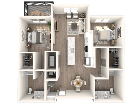 A 3D floor plan of a house with a kitchen, living room, and bathroom.